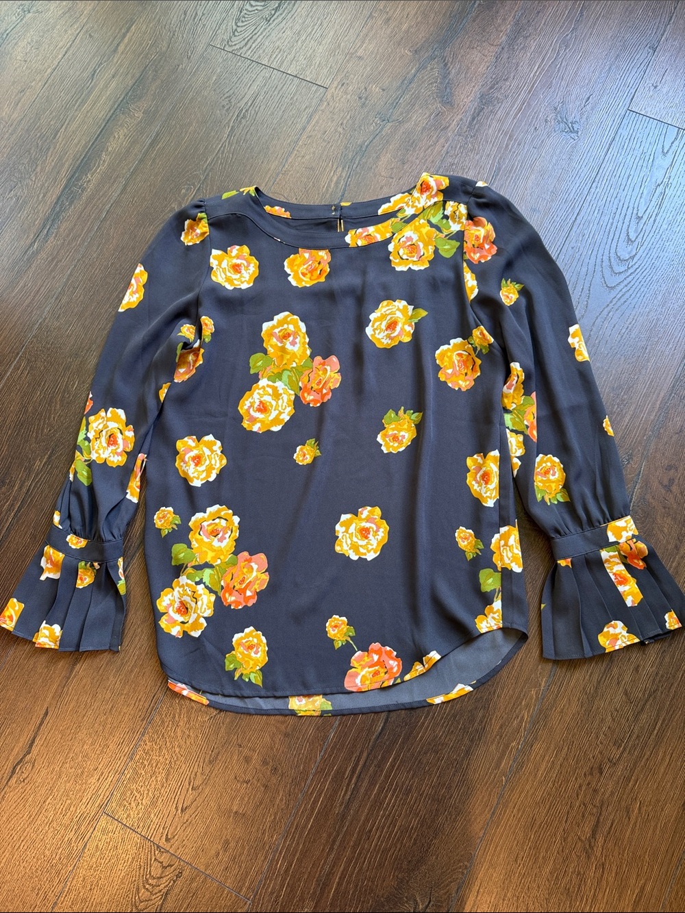 LOFT Navy Floral Bell-Sleeve Blouse with Yellow Roses Small